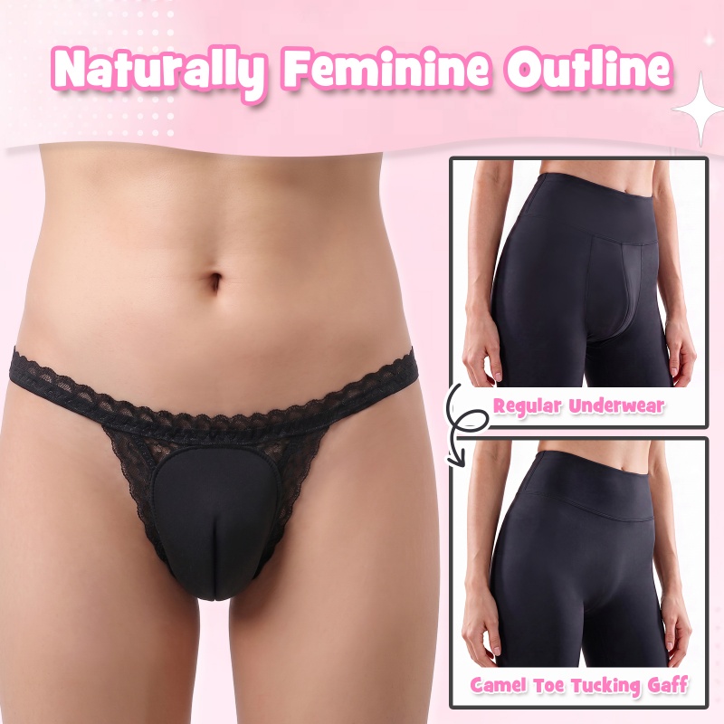 Lace Trim Camel Toe Hiding Tucking Gaff Thong Panties - Image 2