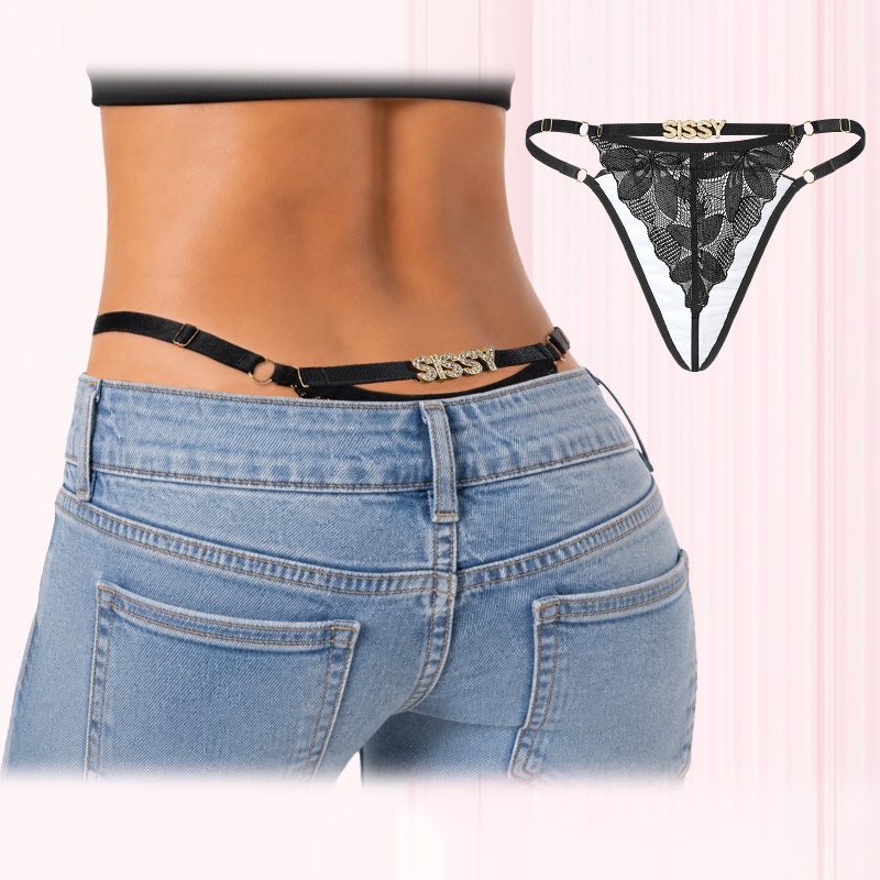 Sissy Doll Lace Floral and Rhinestone Tanga Tucking Gaff Thong Panties - Image 3