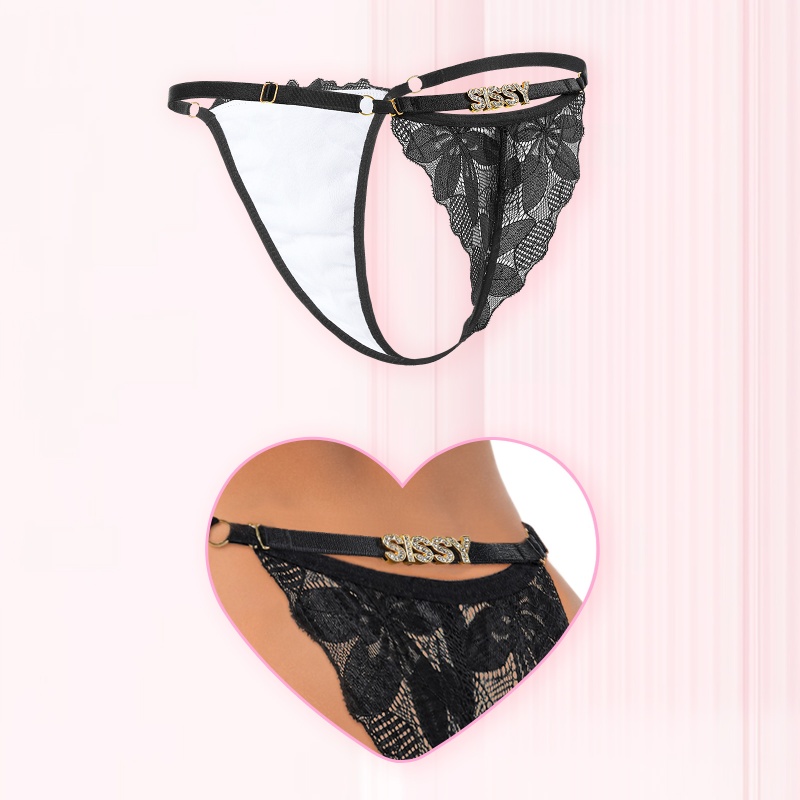 Sissy Doll Lace Floral and Rhinestone Tanga Tucking Gaff Thong Panties - Image 6
