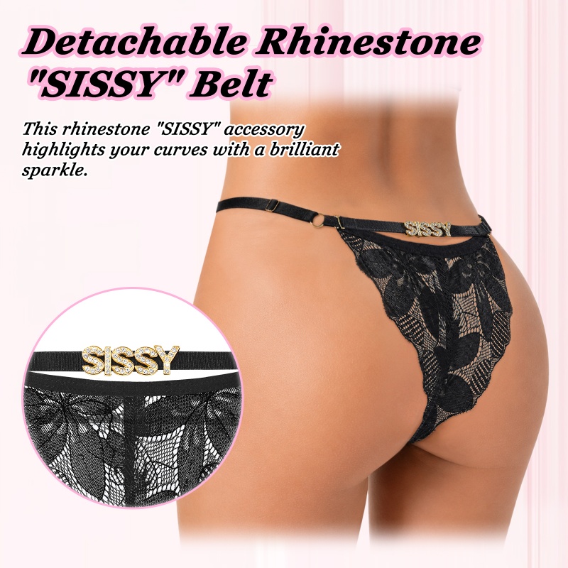 Sissy Doll Lace Floral and Rhinestone Tanga Tucking Gaff Thong Panties - Image 7