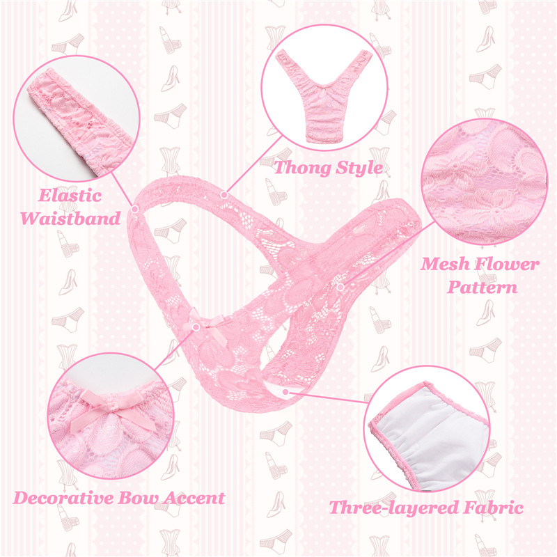 Mesh Flower Thong Tucking Gaff Panties Pink - Image 5