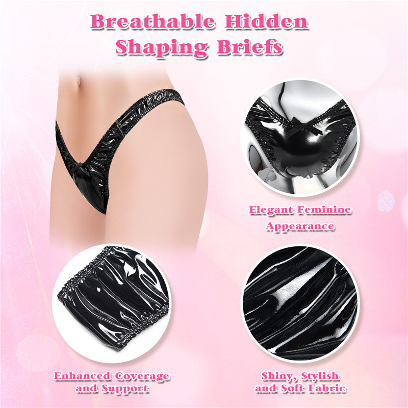 Little Secret Faux Leather Thong Tucking Gaff Panties Black - Image 7