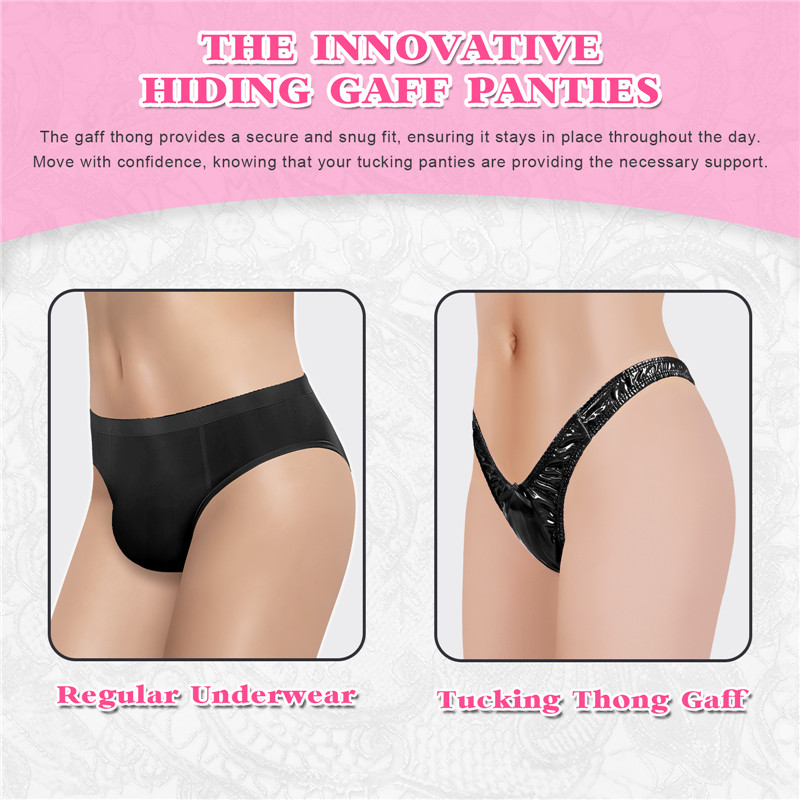 Little Secret Faux Leather Thong Tucking Gaff Panties Black - Image 8