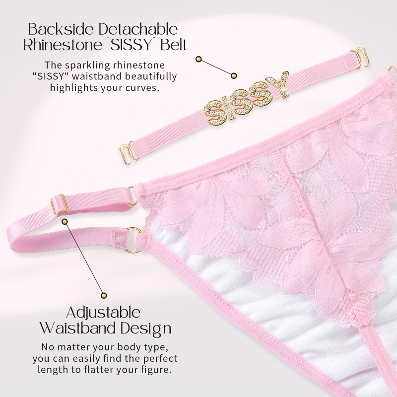 Doll Lace and Rhinestone Tanga Tucking Gaff Thong Panties Pink - Image 6