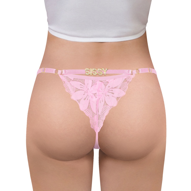 Doll Lace and Rhinestone Tanga Tucking Gaff Thong Panties Pink - Image 2