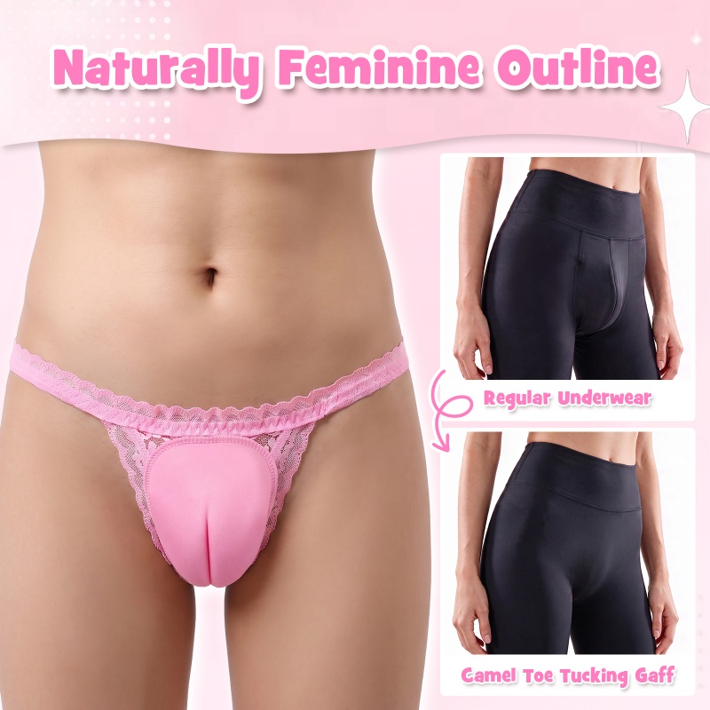 Lace Trim Camel Toe Hiding Tucking Gaff Thong Panties - Image 2