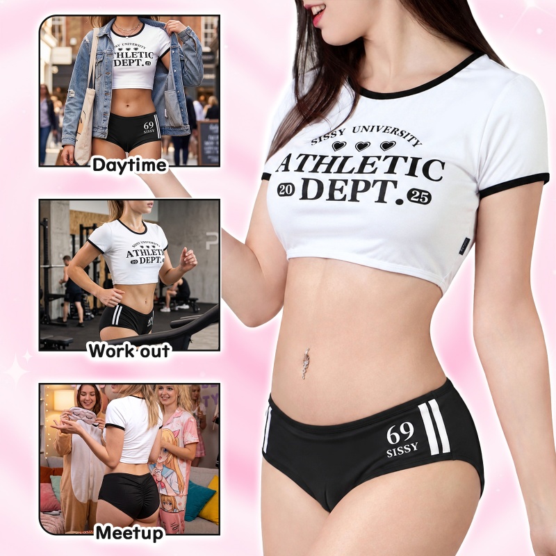 SissyUniversity Varsity Gym Camel Toe Tucking Gaff Shorts Set Black - Image 2