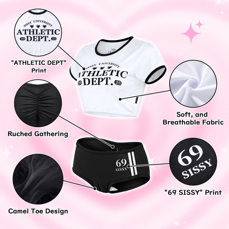SissyUniversity Varsity Gym Camel Toe Tucking Gaff Shorts Set Black - Image 5
