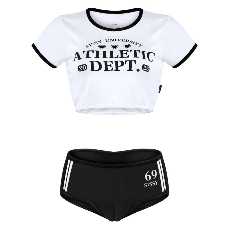 SissyUniversity Varsity Gym Camel Toe Tucking Gaff Shorts Set Black - Image 6